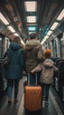 A family travelling together on a train, the child is pulling the suitcase towards the exit door Royalty Free Stock Photo