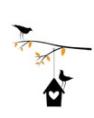 Birds couple silhouette on branch and bird cage, vector. Birds in love, illustration. Wall decals, artwork, Wall art Royalty Free Stock Photo