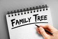 Family tree text on notepad, concept background