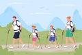 Family on trekking trip flat color vector illustration