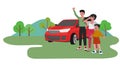 Vector illustratoin of Family trip travel to nature of meadow and mountain by car red color.