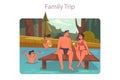 Family trip. Big family with children relaxing by a lake or river on a summer