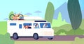 Family trip. Dad mother children road travel in camper. Nature adventures, travelling vacation. Travellers self tourism