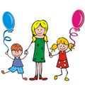 Family trip, two kids with balloons and mother, funny vector illustration