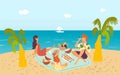 Family at tropical beach picnic near sea enjoying holiday vacation together on sand, palms and seascape flat vector Royalty Free Stock Photo