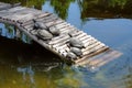 A family of turtles on a wooden bridge in a lake at a zoo