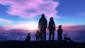 The family with two children and a dog rides the winter slides in the evening. Royalty Free Stock Photo