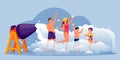 Family with two kids dancing on foam beach party. Happy people have fun vacation. Vector cartoon characters illustration Royalty Free Stock Photo