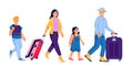 Family with two kids walking with baggage. Vector people on vacation. Traveling man, woman, boy, girl with luggage bags Royalty Free Stock Photo