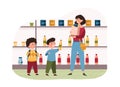 Family with two little children shopping in a grocery store together Royalty Free Stock Photo