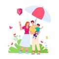 Family under umbrella. Safety feeling parents and children, private life medical insurance health protection security