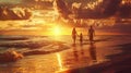 Family Union at Sunset: Mother, Father and Children Enjoy Warm Twilight Light on a Golden Beach Royalty Free Stock Photo