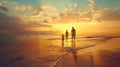 Family Union at Sunset: Mother, Father and Children Enjoy Warm Twilight Light on a Golden Beach Royalty Free Stock Photo