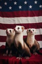 A family of US patriotic ferrets sitting on top of american flag. AI generative image. Royalty Free Stock Photo