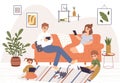 Family using gadgets at home. Evening in living room, adults and kids social media and internet addiction. People