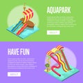 Family vacation in aquapark isometric flyers set