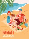 Family vacation banner or poster with picnic scene, cartoon vector illustration. Royalty Free Stock Photo