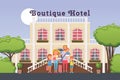 Family vacation in boutique hotel, vector illustration. Flat style cartoon characters, family with children in front of