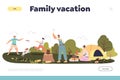 Family vacation concept of landing page with parents and kids camping having picnic in forest Royalty Free Stock Photo