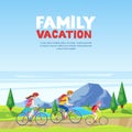 Family vacation, cycling and outdoors activity. Mom, dad and daughter riding bicycles. Vector cartoon style illustration Royalty Free Stock Photo