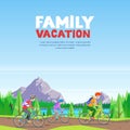 Family vacation, cycling, outdoors sports activity. Mom, dad and son riding bicycles. Vector cartoon style illustration. Royalty Free Stock Photo