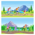 Family vacation, cycling and outdoors sports activity. Vector horizontal banner set. Mom, dad, kid riding bicycles Royalty Free Stock Photo