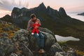 Family vacation father with baby hiking outdoor travel in mountains man with child Royalty Free Stock Photo