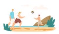 Family Vacation. Grandparents and Grandson Playing Beach Volleyball on Sea Shore. Happy Characters Summer Recreation Royalty Free Stock Photo