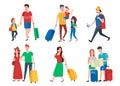 Family vacation. Happy tourist holiday vacations, travel couple and tourists group cartoon vector set Royalty Free Stock Photo