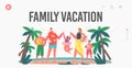 Family Vacation Landing Page Template. Happy Characters on Summer Beach. Mother, Father, Daughter and Sons Playing Royalty Free Stock Photo