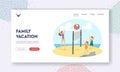 Family Vacation Landing Page Template. Mother and Children Playing Beach Volleyball on Sea. Happy Characters Competition Royalty Free Stock Photo