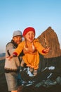 Family vacation in mountains: father and kid sharing joyful moments playing together outdoor