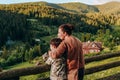 Family vacation in the mountains in summer. Enjoy the sunset in the mountains with the whole family. Royalty Free Stock Photo