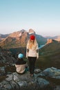 Family vacation outdoor: young couple man and woman in love enjoying nature together in mountains of Norway Travel adventure Royalty Free Stock Photo