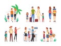 Family Vacation with Parents and Kids Travelling Together Vector Set
