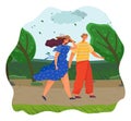 Family on vacation in the park or forest, people overcome gusts of wind. Summer Windy Weather Royalty Free Stock Photo