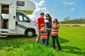 Family vacation, RV camper travel with kids, happy parents with children on trip in motorhome