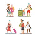 Family vacation set. Man woman children going have fun interesting holidays illustration. Travelling tourism life style collection Royalty Free Stock Photo