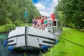 Family vacation, summer holiday travel on barge boat in canal, happy kids and parents having fun on river cruise trip in houseboat Royalty Free Stock Photo