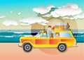 Family vacation sunset beach car vector illustrator.