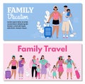 Family vacation travel banner template set with cartoon tourist people Royalty Free Stock Photo