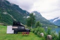 Family vacation travel, holiday trip in offroad car modified for camping, car Vacation. Beautiful Nature Norway landscape