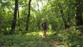 Family on vacation travels in forest. dad and daughters, children travel in park in summer. friends-tourists go camping