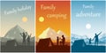 Family vacations, adventures and camping. People and a tent on the background of a mountain landscape. Concept of spring and