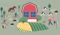 Family vacations farm, farmhouse, rural landscape, animals - cow, pig, sheep, horse, rooster, chicken, hen, ostrich