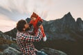 Family vacations father holding up baby travel hiking in mountains man with child together outdoor Royalty Free Stock Photo