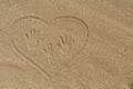 Mom`s, Dad`s and child`s handprints trace on the sand in heart.
