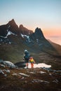 Family vacations in mountains - Father and child hiking in Norway, with backpacks adventure travel lifestyle