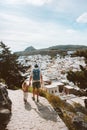 Family vacations travel in Greece father and child walking in Lindos city summer tour