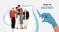 Family vaccination concept vector banner. Household with elderly and child hugging each other in heart shape background